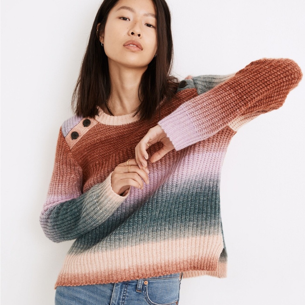 Madewell Space Dyed Button Shoulder Pullover Sweater Multicolor Stripe Wool XS